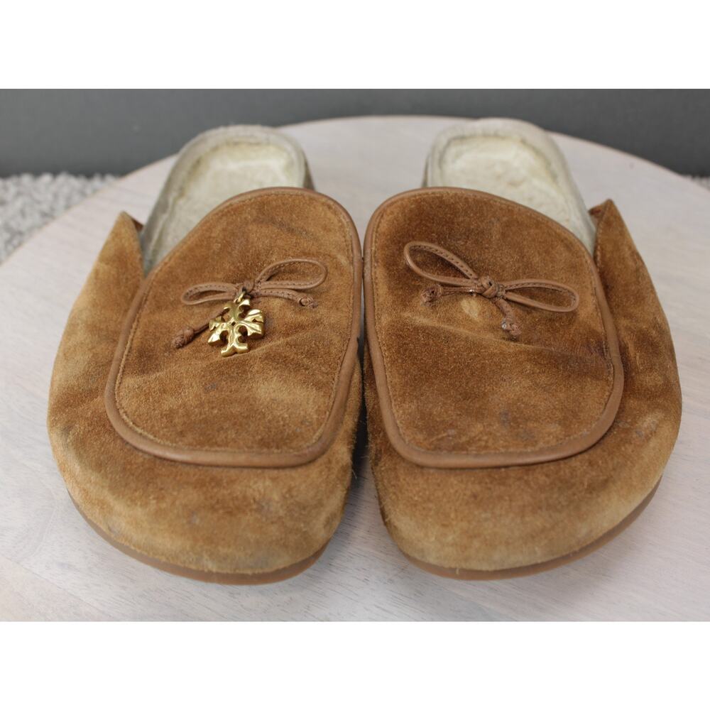 Tory Burch Shearling Lined Suede Slippers Womens 8 Brown Cozy Slip On - Picture 2 of 7